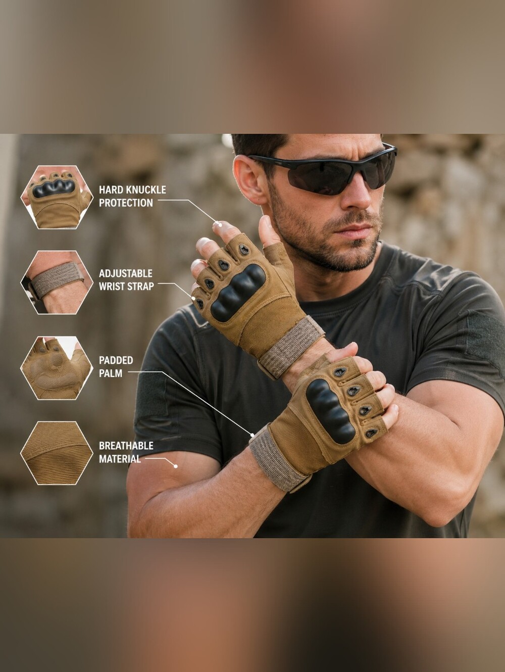 Tactical Fingerless Gloves XL Sand Color Knuckle Protection Outdoor Training